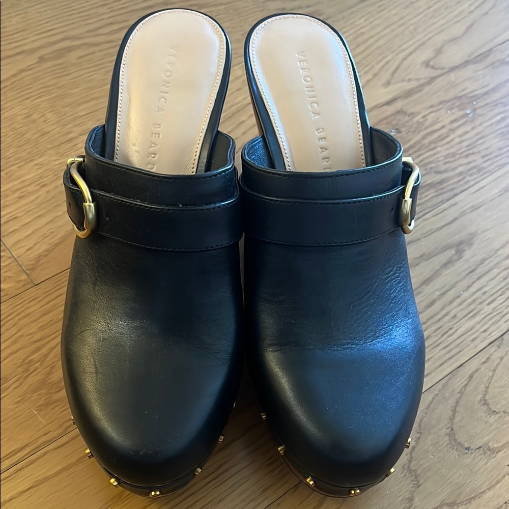 Veronica Beard Black Leather Hendrix Buckled Clogs - Size 9
